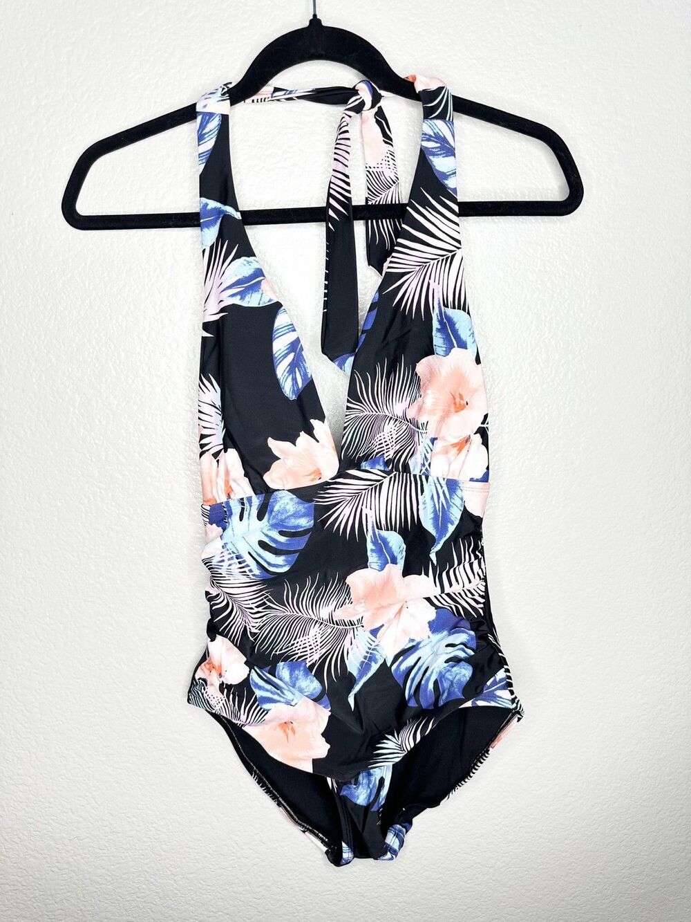 NEW DKNY Swimsuit One Piece Womens Medium Black Floral Halter Tummy Control UPF